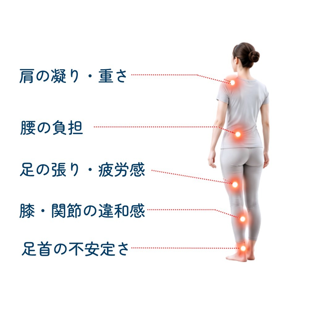 身体の不調ポイント図解：肩の凝り・重さ／腰の負担／足の張り・疲労感／膝・関節の違和感／足首の不安定さ